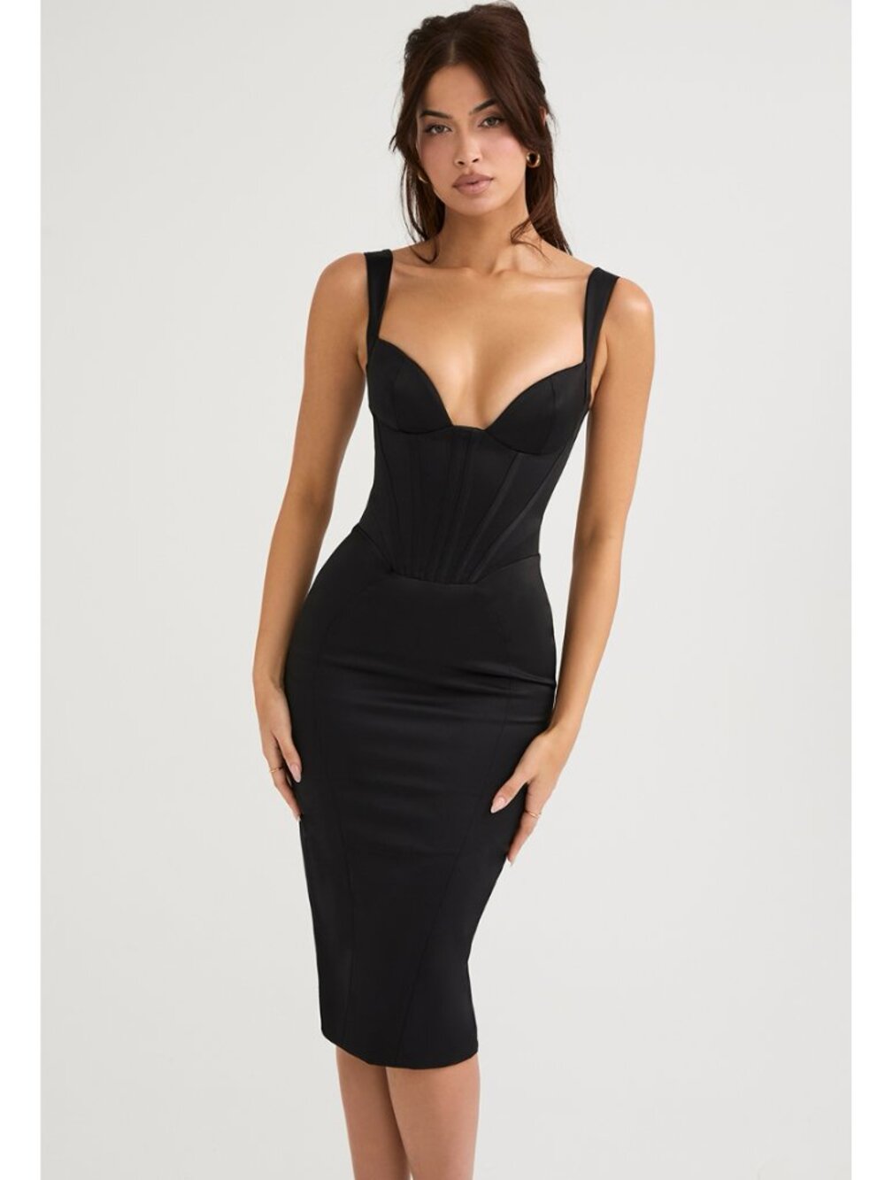 House of CB Fiorella Black Satin Corset Midi Dress (Size L)